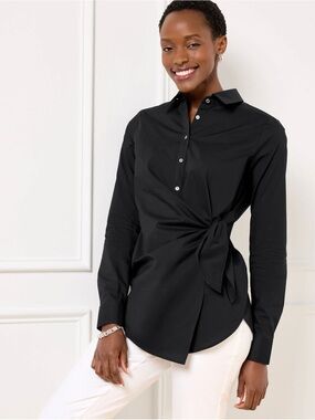 Talbots Tie Front Draped Poplin Shirt Black Size LP Petite